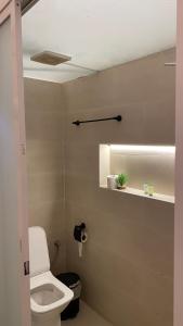 a bathroom with a toilet and a shelf with a plant at Essa camp in Wahiba Sands in Al Raka +57 photos
