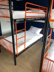 Rúm í herbergi á Astra Hostel