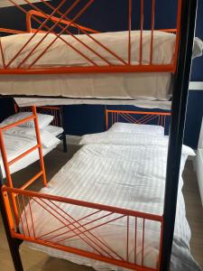Rúm í herbergi á Astra Hostel