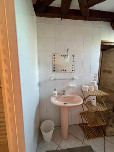 a bathroom with a pink sink and a toilet at Gites Chateau Saintonge in Le Chevain