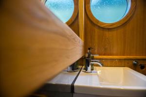 a bathroom with a sink and a window at Narrowboat Puzzle in Ely