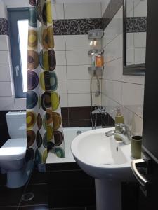 un bagno con lavandino, WC e tenda da doccia di Cactus luxury apartment Oreoi a Oreoi