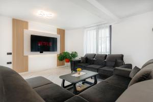 Una sala de estar con un sofá y un televisor. en Pensiunea Agroturistică Victoria Mărișel, en Mărişel
