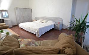 a bedroom with a bed with a cat laying on it at Tenisa klubs Jūra in Jūrmala +8 photos