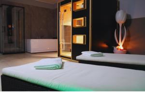 ガルドーネ・リヴィエラにあるHappy Hotel Atelier Gardone Riviera Centro & Spaの鏡付きの客室内のツインベッド2台