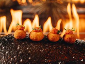 a group of miniature tomatoes in front of a fireplace at Boho Club in Marbella