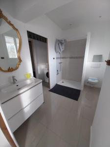 un bagno bianco con lavandino e specchio di La maison de Lili a Colayrac-Saint-Cirq Altre 51 foto