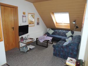 ein Wohnzimmer mit einem Sofa und einem TV in der Unterkunft Ferienwohnung Karin in Schneverdingen