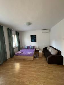 a living room with a bed and a couch at City Center Punte Apartment in Skopje