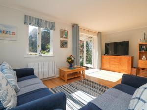 a living room with a blue couch and a tv at Foxglove Cottage in Falmouth