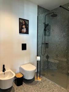 a bathroom with a shower and a toilet and a sink at Afrodite Styling Penthouse in Nazaré +31 photos