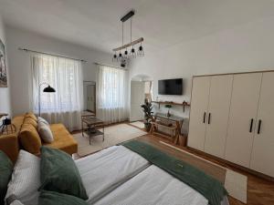 a living room with a couch and a tv at RetroHouse in Târgu-Mureş