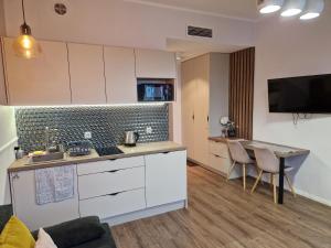 a kitchen with a counter and a table in a room at Polonia Apartments in Łódź