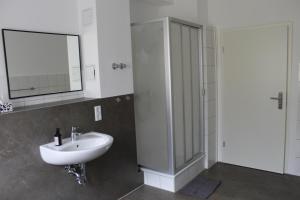 a bathroom with a sink and a shower with a mirror at Gästehaus Friedrichstraße - Einzelzimmer im Zentrum in Paderborn