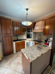 a kitchen with wooden cabinets and a granite counter top at Farax's House in Saint Vincent