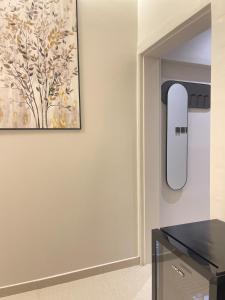 ハーイルにあるاستوديو أنيق مع جلسة جانبية وركن للقهوةの黒いキャビネットが備わる壁画付きのキッチン