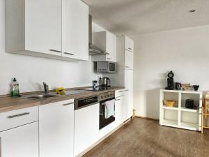 Una cocina con gabinetes blancos y un fregadero. en Landhof Riehlingshöhe, en Kisslegg