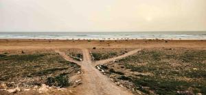 a dirt road leading to a beach with the ocean at Hotel-Restaurant Le Kaouki in Sidi Kaouki