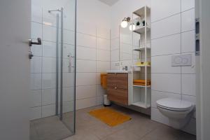 a bathroom with a toilet and a glass shower at SCHUSTER's ALPENPANORAMA in Seewiesen +46 photos
