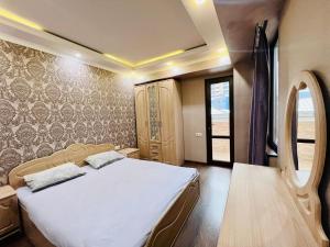 a bedroom with a large bed and a mirror at Awesome Brilliant Apartment in City Center with 2 bedrooms in Yerevan
