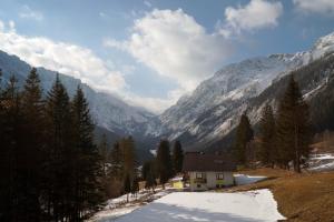 a house on a snowy hill with mountains in the background at SCHUSTER's ALPENPANORAMA in Seewiesen