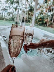 two people holding champagne glasses in front of a bathtub at Cabana Palm House in Santo Amaro da Imperatriz +9 photos