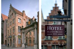 two pictures of a building with a clock on it at Martin's Brugge in Bruges
