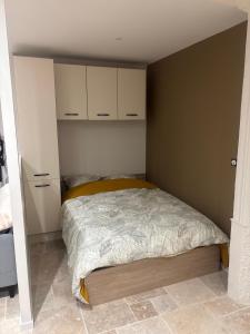 a small bedroom with a bed and white cabinets at Charmant appartement in Nancy +4 photos