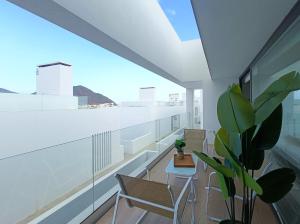 einen Balkon mit Stühlen und einer Topfpflanze darauf in der Unterkunft San José Suites 3 Hab, Piscina, solárium y WiFi in Almería