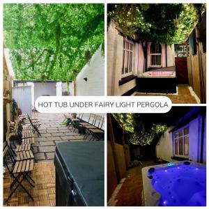 kolaż czterech zdjęć wanny z hydromasażem pod pagodą wróżek w obiekcie Luxury Home Sleeps 20 Beach Cinema Hot Tub w mieście Rhos-on-Sea