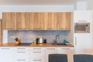 kuchnia z białymi szafkami, zlewem i kuchenką mikrofalową w obiekcie Apartmán Lipno G11 w mieście Frymburk
