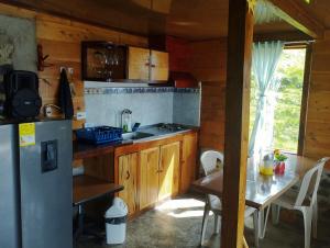a kitchen with a refrigerator and a table in a cabin at Cabaña Bella Vista in Pasto