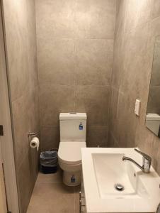 a bathroom with a white toilet and a sink at 2 Beds including 1 Sofa Bed Serviced Chalet B in Rotorua
