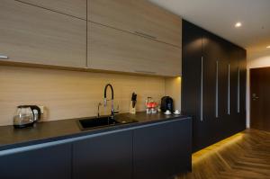 a kitchen with black cabinets and a sink at LupoApartments z Klimatyzacją do wyboru z Jacuzzi Pole Dance Parking Dostęp na Kod in Łódź