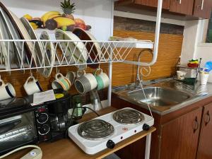 a small kitchen with a stove and a sink at Aguiñada's House in El Rosario