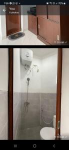 two pictures of a bathroom with a toilet and a sink at Laika Homestay in Gondowulung +1 photo