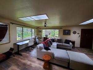 a living room with a couch and a desk at ʻOhiʻa Lehua Forest House in Volcano