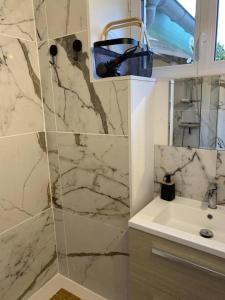 ein Badezimmer mit einem Waschbecken und einer Marmorwand in der Unterkunft Une histoire de famille in Écordal