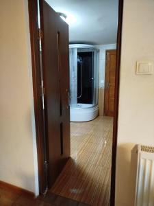 an open door to a bathroom with a shower at Miorita Garden Studio in Bacău