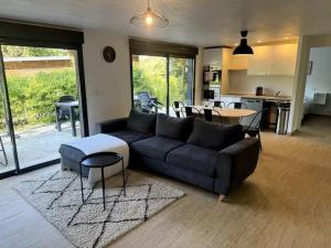 a living room with a couch and a kitchen at Les lodges de Marie Chalet 3 in Banassac