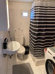 ein Badezimmer mit Toilette, Waschbecken und Dusche in der Unterkunft Ioannis Grand House in Áyios Pávlos