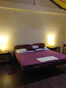 una camera da letto con un letto con lenzuola viola e due lampade di riverfront guest house a Sablayan