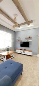 NardaranにあるSeaside Family Homeのリビングルーム(青いベッド1台、テレビ付)