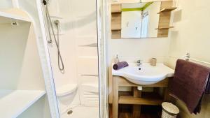 un bagno con lavandino e doccia di Chalet M tout confort proche des plages a Pianottoli-Caldarello Altre 10 foto