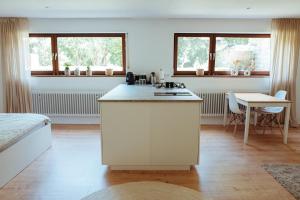 a kitchen with a white island in a room at Le Souterrain Ferienwohnung Gimmeldingen in Neustadt an der Weinstraße