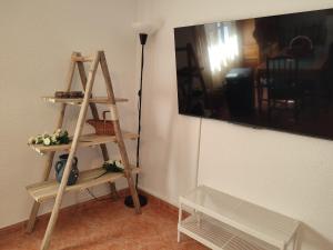 una scala appoggiata al muro accanto a un televisore di Casa Rogelio Valverde a Valverde de la Vera