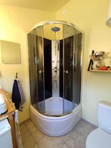 una doccia in vetro in un bagno con WC di Rent-a-Fairytale Tent "Kukucka" with private sanitary facilities - Natural Slovakia a Modrý Kameň