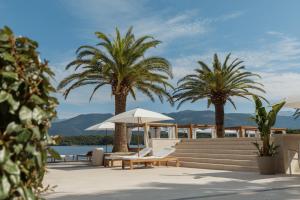 a resort with palm trees and benches and a beach at Monte Palm Beach in Tivat