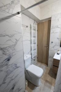 a bathroom with a toilet and a sink at Aurum Residence in Volos +5 photos