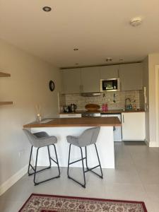 a kitchen with two chairs and a kitchen island at Nile Lodge in Galway